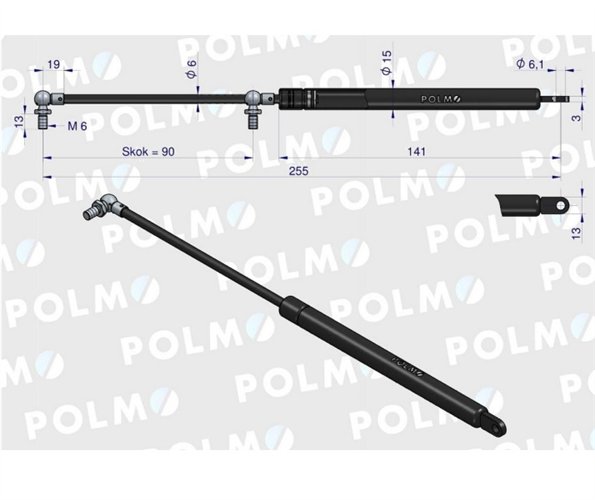 Siłownik szyba tylna, Szyberdach L max. 255mm 4316668P DEUTZ POLMO