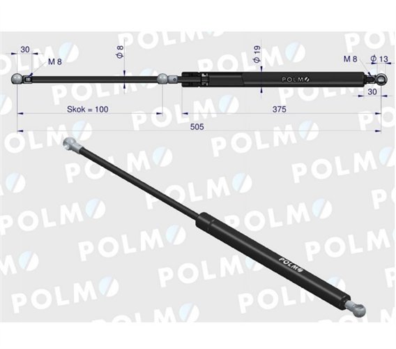 Siłownik szyby przedniej tylnej drzwi L max. 505mm 4402638P DEUTZ LAMBORGHINI SAME POLMO