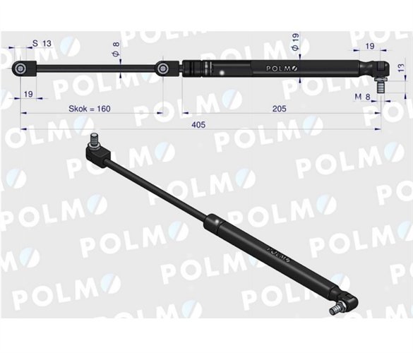 Siłownik szyby tylnej L max. 405mm 44911877P CASE IH NEW HOLLAND POLMO