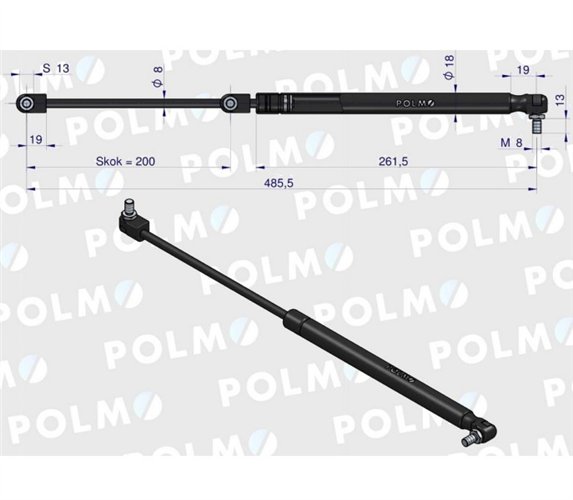 Siłownik szyby tylnej L max. 485,5mm 47108190P NEW HOLLAND STEYR POLMO