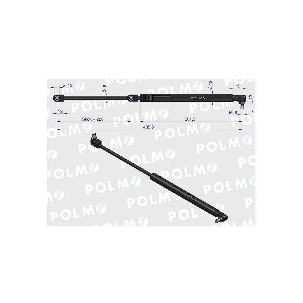 Siłownik szyby tylnej L max. 485,5mm 47108190P NEW HOLLAND STEYR POLMO