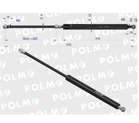 Siłownik szyby przedniej szyby tylnej L max. 570mm 47126774P CASE IH NEW HOLLAND POLMO