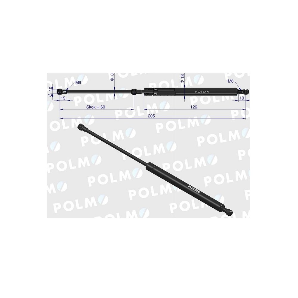 Siłownik drzwi L max. 205mm 47335077P CASE IH NEW HOLLAND STEYR POLMO