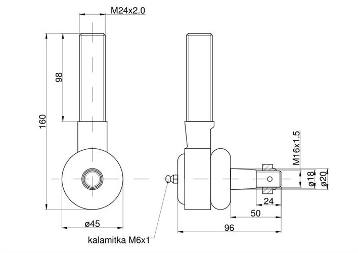 Przegub długi z gwintem (z nakrętką) z metalową wkładką 46635070 50835070 Bizon