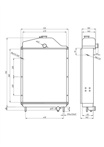 Chłodnica miedziana 1212, 1214 RM bez turbo dolne mocowanie 6-cylindrowy C-385