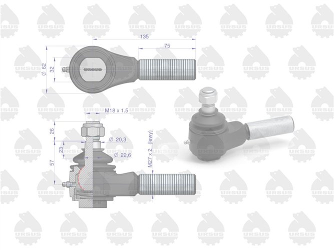 Przegub kulowy krótki lewy gwintowany z nakrętką 88221109 67453520 C-385 ORYGINAŁ URSUS