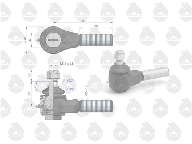 Przegub kulowy krótki prawy gwintowany z nakrętką 88221119 67453521 C-385 ORYGINAŁ URSUS