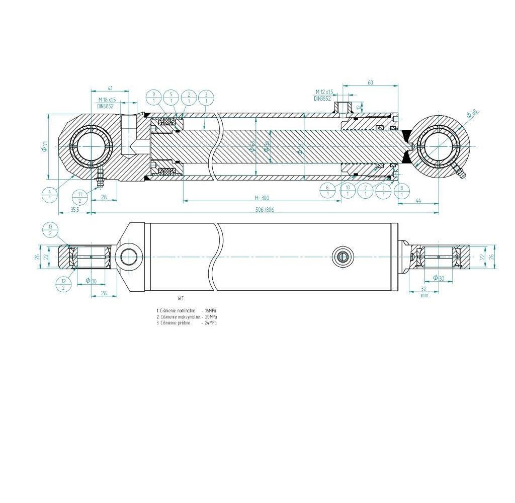 Cylinder hydrauliczny, siłownik pomocniczy podnośnika C-385 6-cyl. SMT2CJ.63.36.300 Kraj
