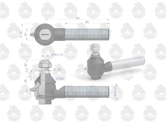 Przegub kulowy II gwintowany z nakrętką 46635070 50635070 901020 80220019 C-360/385 ORYGINAŁ URSUS