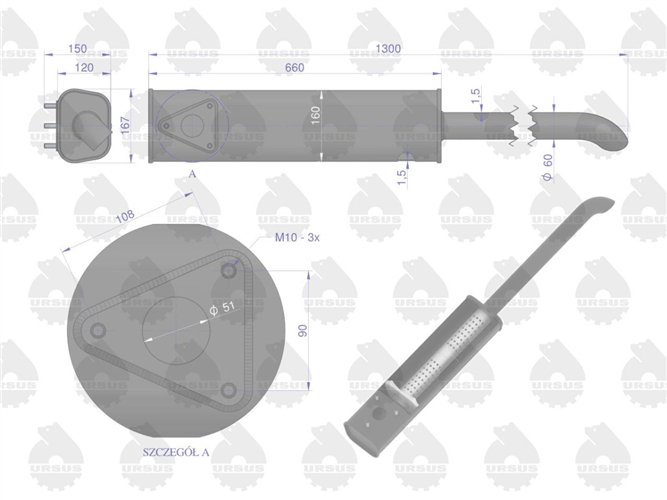 Tłumik boczny krótki 1300mm C-385 ORYGINAŁ URSUS