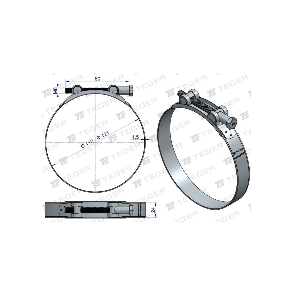 Opaska zaciskowa GBS 113-121 (obejma W1 - stal ocynkowana) szerkość 24mm TEGER ( sprzedawane po 5 )