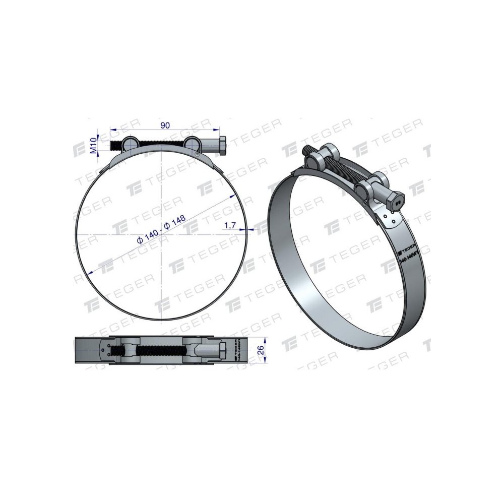 Opaska zaciskowa GBS 140-148 (obejma W1 - stal ocynkowana) szerkość 26mm TEGER ( sprzedawane po 5 )