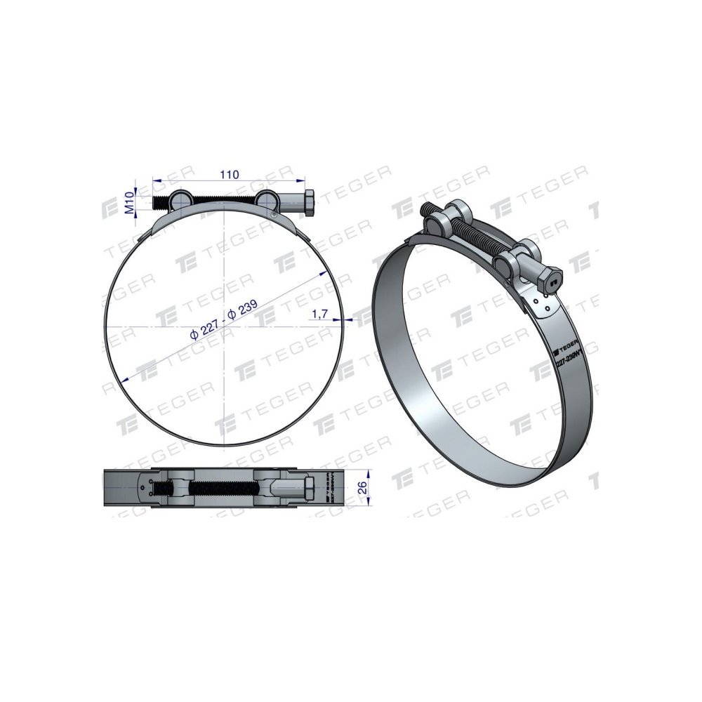 Opaska zaciskowa GBS 227-239 (obejma W1 - stal ocynkowana) szerkość 26mm TEGER ( sprzedawane po 5 )