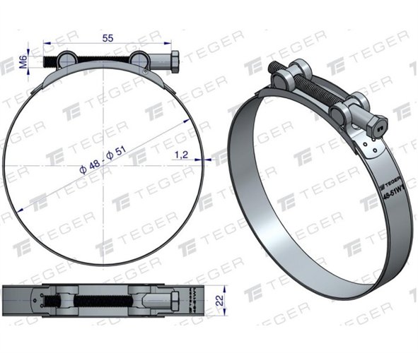 Opaska zaciskowa GBS 48-51 (obejma W1 - stal ocynkowana) szerkość 22mm TEGER ( sprzedawane po 10 )