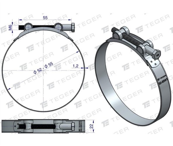 Opaska zaciskowa GBS 52-55 (obejma W1 - stal ocynkowana) szerkość 22mm TEGER ( sprzedawane po 10 )