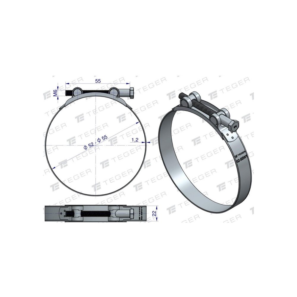 Opaska zaciskowa GBS 52-55 (obejma W1 - stal ocynkowana) szerkość 22mm TEGER ( sprzedawane po 10 )