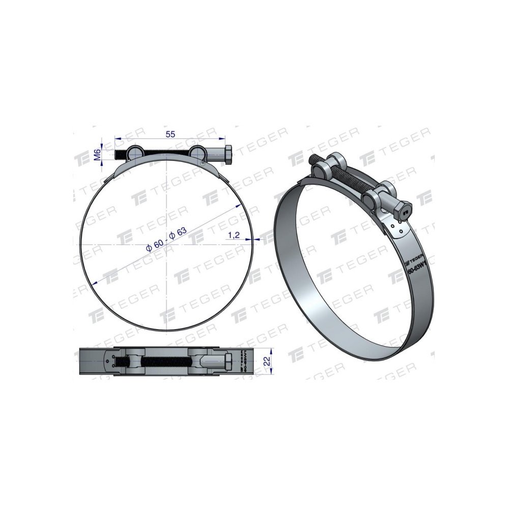 Opaska zaciskowa GBS 60-63 (obejma W1 - stal ocynkowana) szerkość 22mm TEGER ( sprzedawane po 10 )