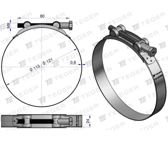 Opaska zaciskowa GBS 113-121 (obejma W2 - stal nierdzewna) szerkość 24mm TEGER ( sprzedawane po 5 )