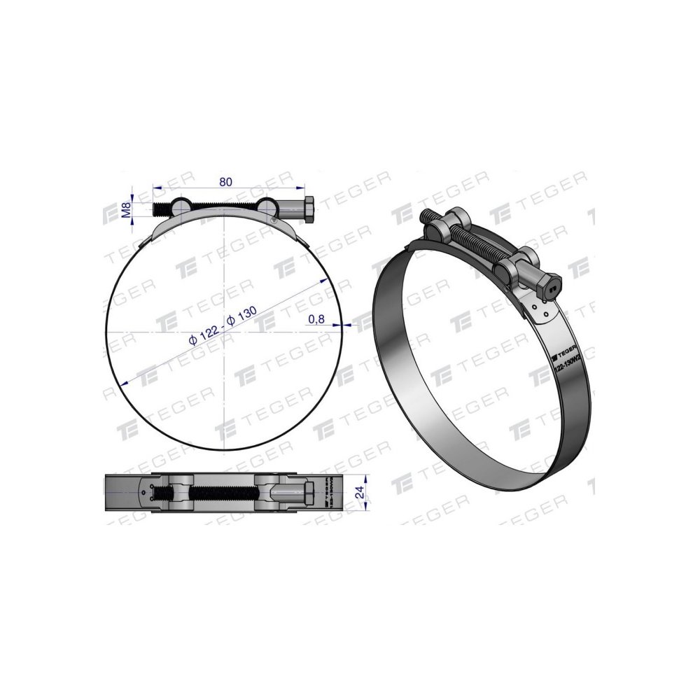 Opaska zaciskowa GBS 122-130 (obejma W2 - stal nierdzewna) szerkość 24mm TEGER ( sprzedawane po 5 )