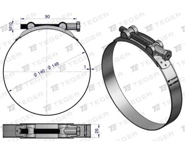 Opaska zaciskowa GBS 140-148 (obejma W2 - stal nierdzewna) szerkość 26mm TEGER ( sprzedawane po 5 )