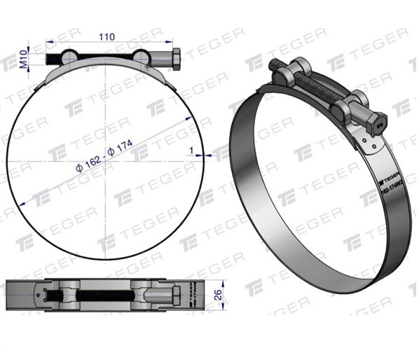 Opaska zaciskowa GBS 162-174 (obejma W2 - stal nierdzewna) szerkość 26mm TEGER ( sprzedawane po 5 )