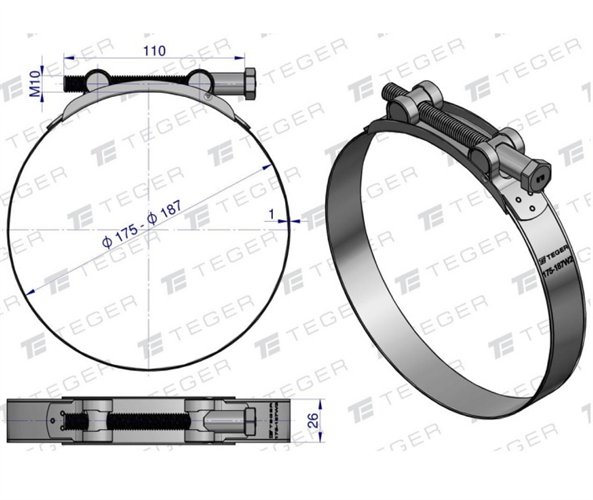 Opaska zaciskowa GBS 175-187 (obejma W2 - stal nierdzewna) szerkość 26mm TEGER ( sprzedawane po 5 )
