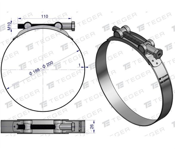 Opaska zaciskowa GBS 188-200 (obejma W2 - stal nierdzewna) szerkość 26mm TEGER ( sprzedawane po 5 )