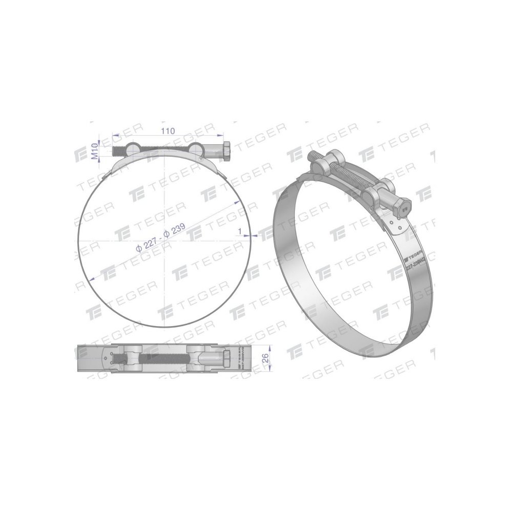 Opaska zaciskowa GBS 227-239 (obejma W2 - stal nierdzewna) szerkość 26mm TEGER ( sprzedawane po 5 )
