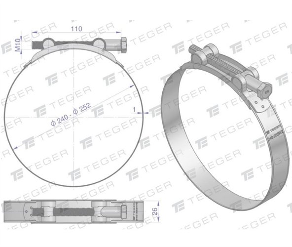 Opaska zaciskowa GBS 240-252 (obejma W2 - stal nierdzewna) szerkość 26mm TEGER ( sprzedawane po 5 )