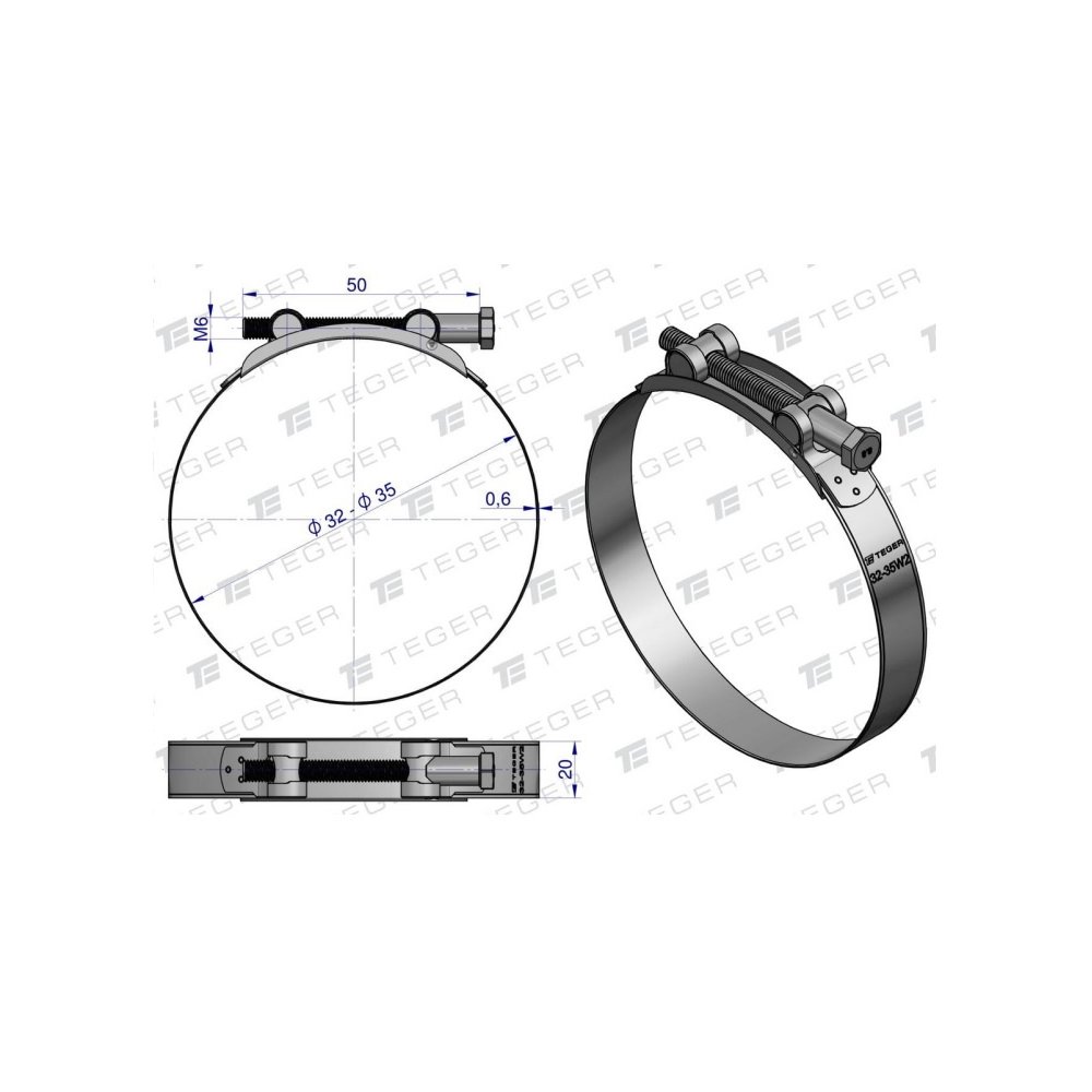 Opaska zaciskowa GBS 32-35 (obejma W2 - stal nierdzewna) szerkość 20mm TEGER ( sprzedawane po 10 )