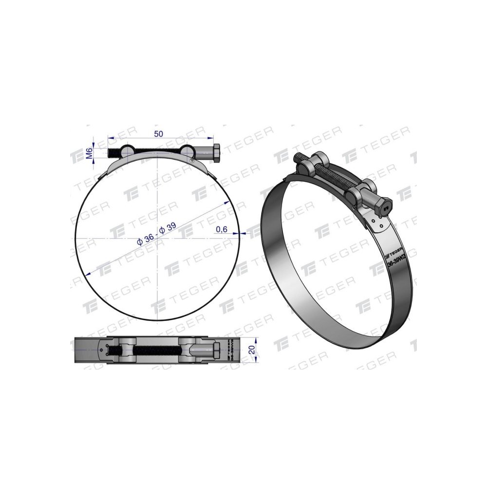 Opaska zaciskowa GBS 36-39 (obejma W2 - stal nierdzewna) szerkość 20mm TEGER ( sprzedawane po 10 )