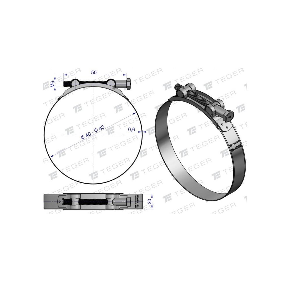 Opaska zaciskowa GBS 40-43 (obejma W2 - stal nierdzewna) szerkość 20mm TEGER ( sprzedawane po 10 )