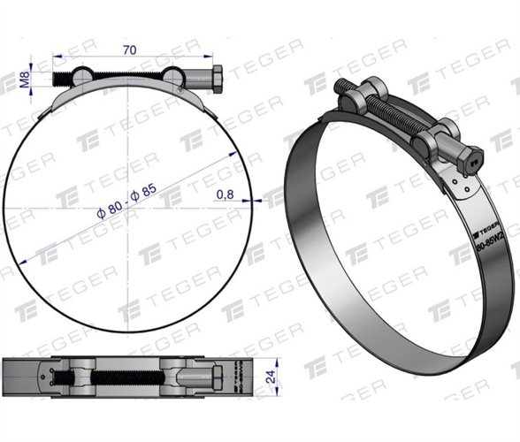 Opaska zaciskowa GBS 80-85 (obejma W2 - stal nierdzewna) szerkość 24mm TEGER ( sprzedawane po 5 )