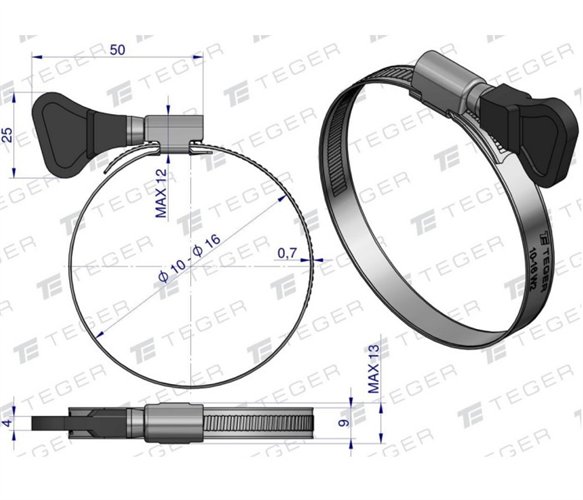 Opaska zaciskowa z pokrętłem 10-16 ślimakowa (obejma W2 - stal nierdzewna) szerkość 9mm (blister) TEGER ( sprzedawane po 15 )
