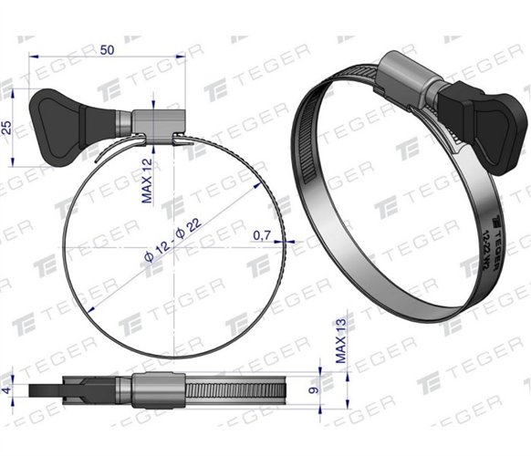 Opaska zaciskowa z pokrętłem 12-22 ślimakowa (obejma W2 - stal nierdzewna) szerkość 9mm TEGER ( sprzedawane po 50 )
