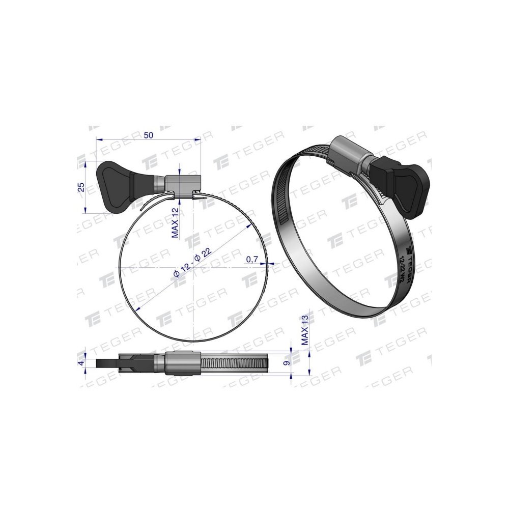 Opaska zaciskowa z pokrętłem 12-22 ślimakowa (obejma W2 - stal nierdzewna) szerkość 9mm (blister) TEGER ( sprzedawane po 15 )