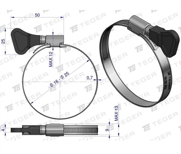 Opaska zaciskowa z pokrętłem 16-25 ślimakowa (obejma W2 - stal nierdzewna) szerkość 9mm (blister) TEGER ( sprzedawane po 15 )