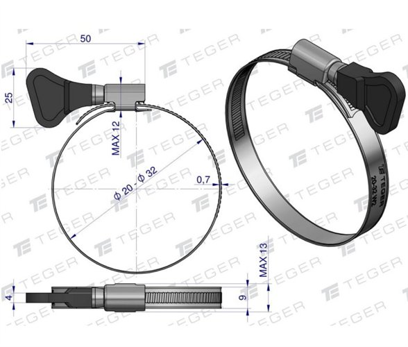 Opaska zaciskowa z pokrętłem 20-32 ślimakowa (obejma W2 - stal nierdzewna) szerkość 9mm (blister) TEGER ( sprzedawane po 10 )