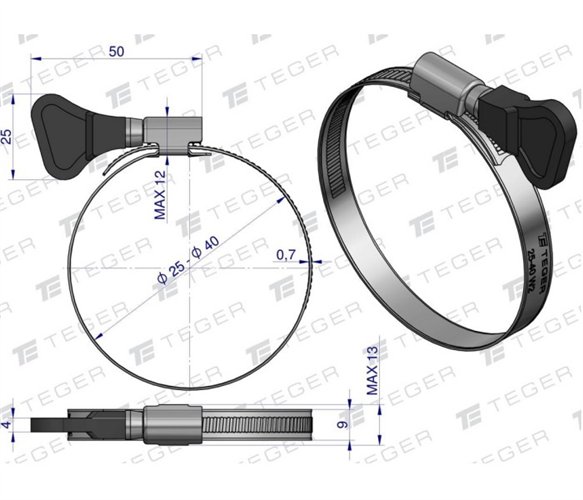 Opaska zaciskowa z pokrętłem 25-40 ślimakowa (obejma W2 - stal nierdzewna) szerkość 9mm TEGER ( sprzedawane po 50 )