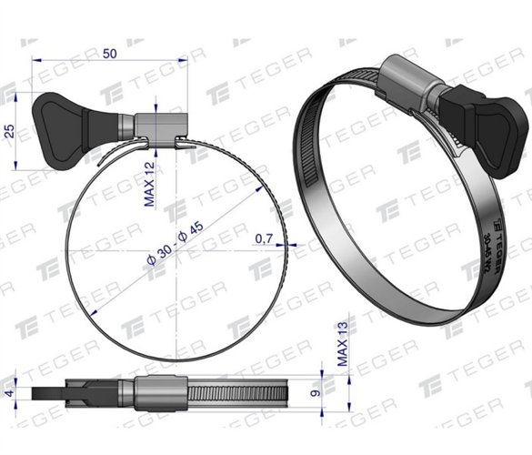 Opaska zaciskowa z pokrętłem 30-45 ślimakowa (obejma W2 - stal nierdzewna) szerkość 9mm TEGER ( sprzedawane po 50 )