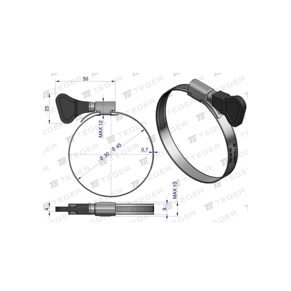 Opaska zaciskowa z pokrętłem 30-45 ślimakowa (obejma W2 - stal nierdzewna) szerkość 9mm (blister) TEGER ( sprzedawane po 8 )