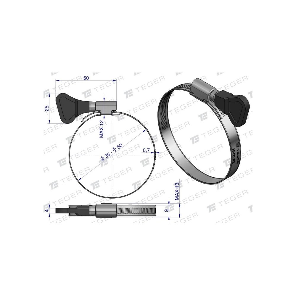 Opaska zaciskowa z pokrętłem 35-50 (32-50) ślimakowa (obejma W2 - stal nierdzewna) szerkość 9mm TEGER ( sprzedawane po 50 )