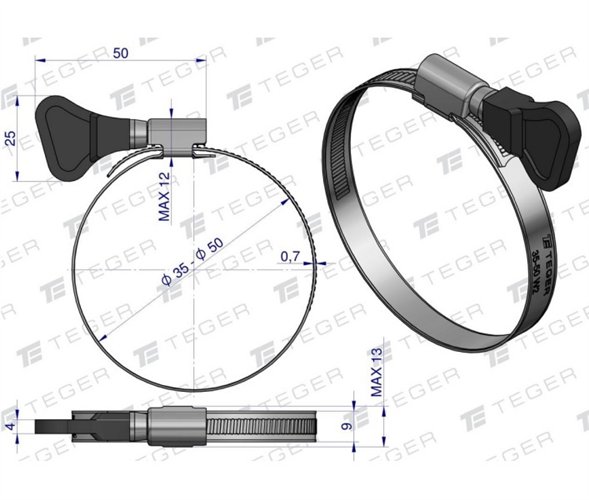 Opaska zaciskowa z pokrętłem 35-50 (32-50) ślimakowa (obejma W2 - stal nierdzewna) szerkość 9mm (blister) TEGER ( sprzedawane po