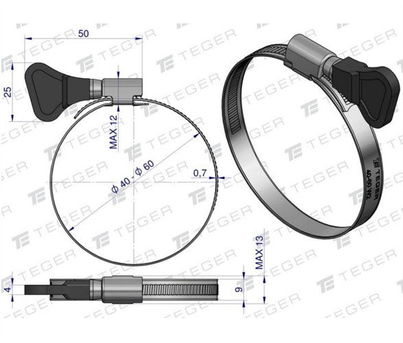 Opaska zaciskowa z pokrętłem 40-60 ślimakowa (obejma W2 - stal nierdzewna) szerkość 9mm TEGER ( sprzedawane po 50 )