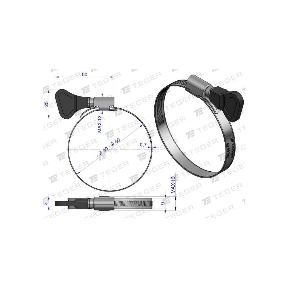 Opaska zaciskowa z pokrętłem 40-60 ślimakowa (obejma W2 - stal nierdzewna) szerkość 9mm TEGER ( sprzedawane po 50 )