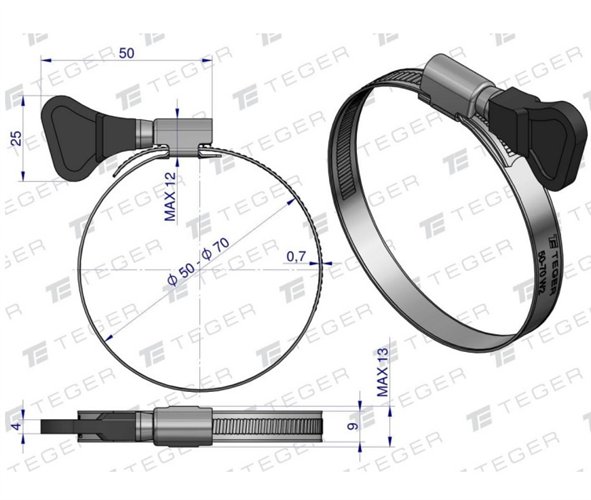 Opaska zaciskowa z pokrętłem 50-70 ślimakowa (obejma W2 - stal nierdzewna) szerkość 9mm TEGER ( sprzedawane po 25 )