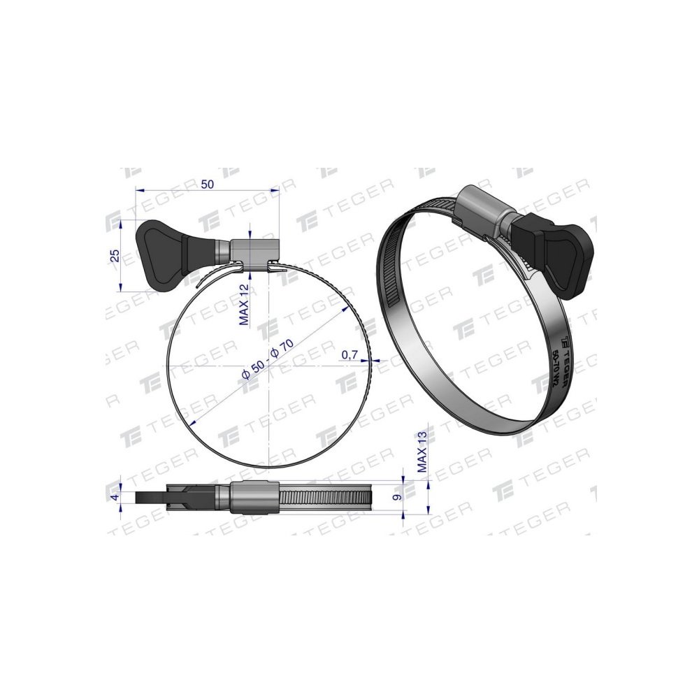 Opaska zaciskowa z pokrętłem 50-70 ślimakowa (obejma W2 - stal nierdzewna) szerkość 9mm TEGER ( sprzedawane po 25 )