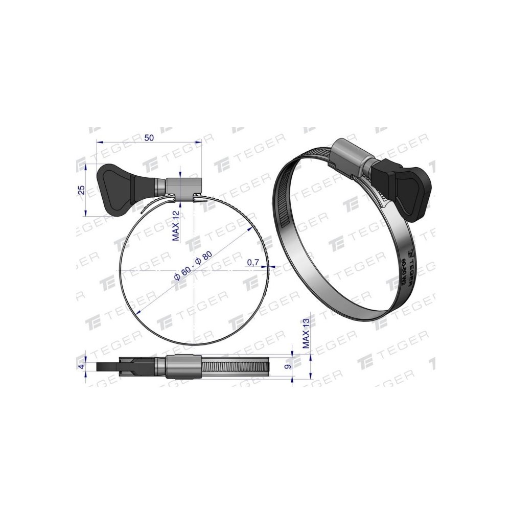 Opaska zaciskowa z pokrętłem 60-80 ślimakowa (obejma W2 - stal nierdzewna) szerkość 9mm TEGER ( sprzedawane po 25 )