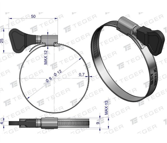 Opaska zaciskowa z pokrętłem 8-12 ślimakowa (obejma W2 - stal nierdzewna) szerkość 9mm (blister) TEGER ( sprzedawane po 15 )