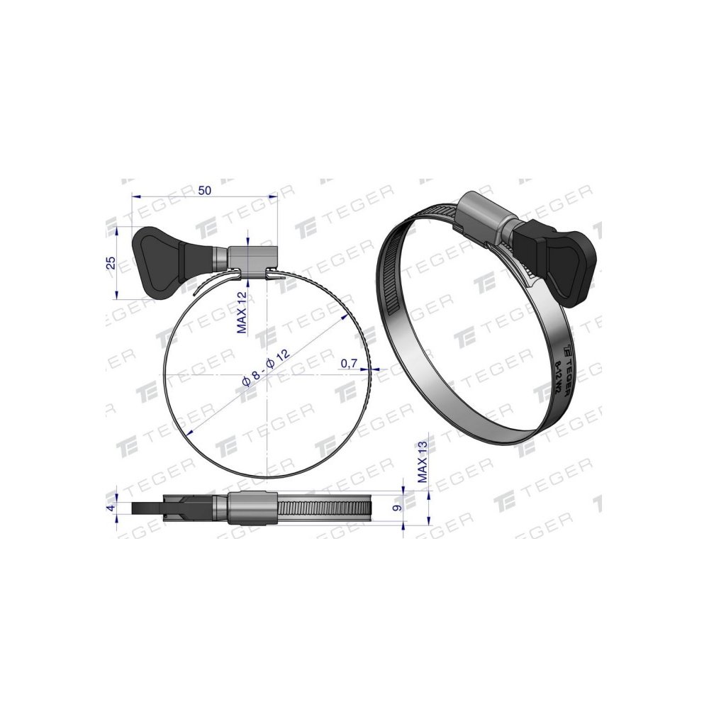 Opaska zaciskowa z pokrętłem 8-12 ślimakowa (obejma W2 - stal nierdzewna) szerkość 9mm (blister) TEGER ( sprzedawane po 15 )